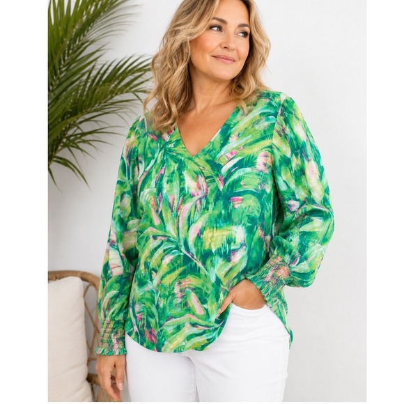 Belle by Kim Gravel Tops - Belle by Kim Gravel 1X Tropical Palm Print Modal Cotton V-Neck Smocked Cuff Top